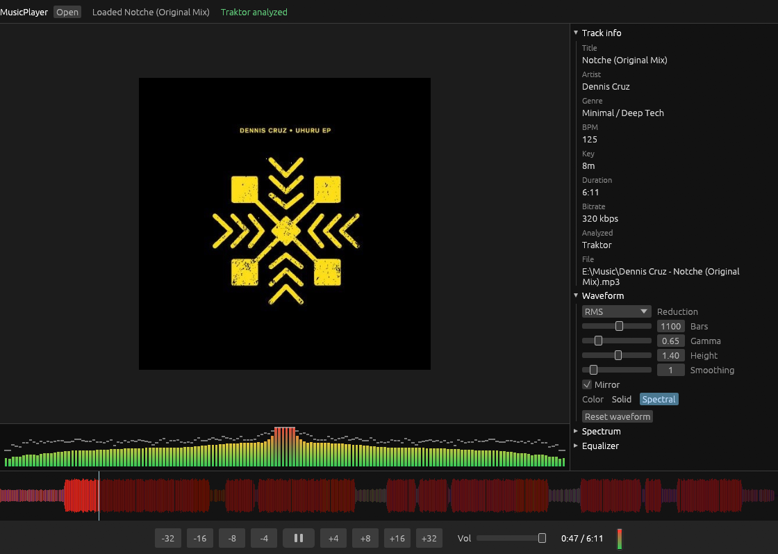 MusicPlayer v1.0.0 playing a Traktor-analyzed track, showing cover art, the detected BPM and key, a live spectrum, and a spectral waveform