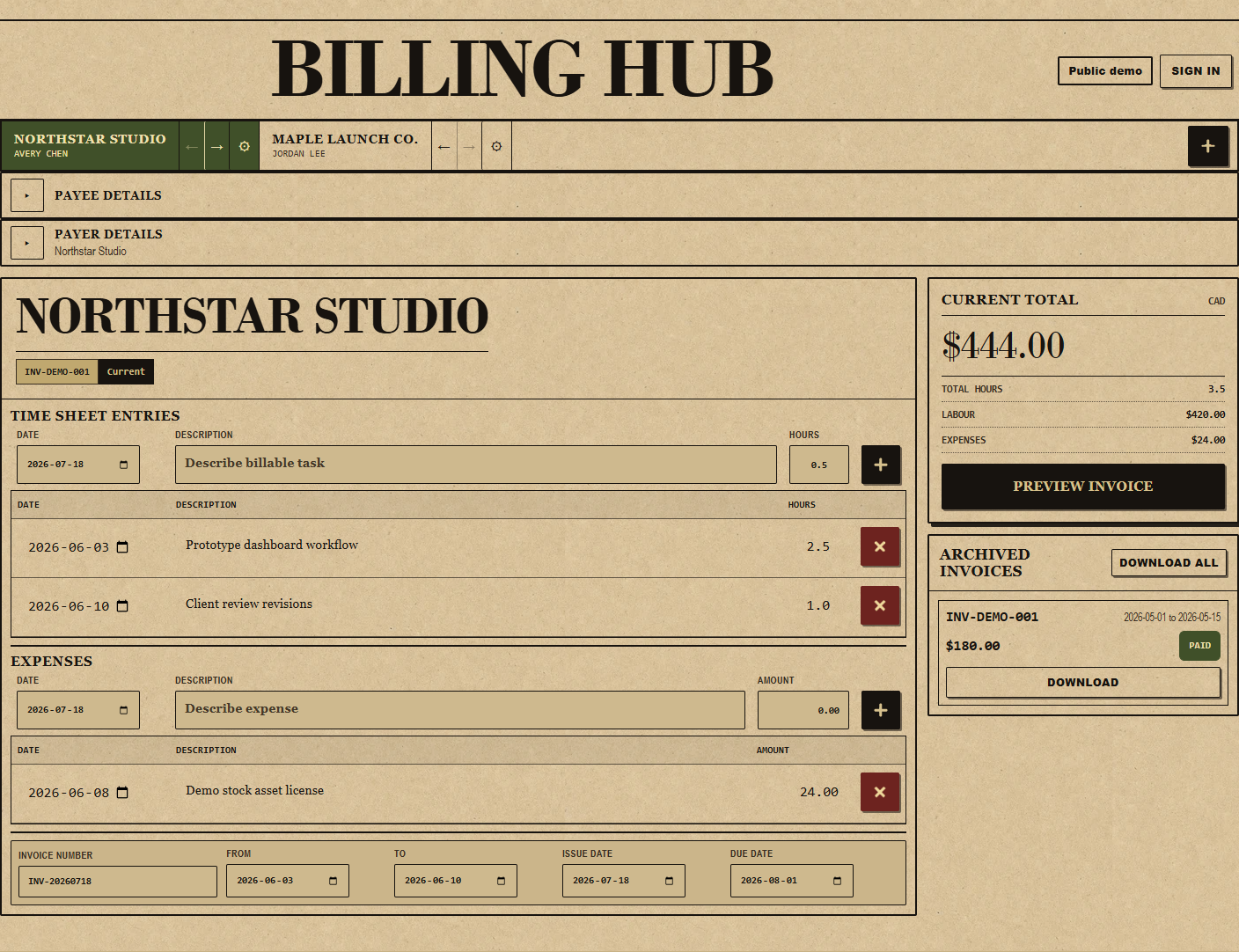 Billing Hub Gazette dashboard showing companies, time entries, expenses, current totals, and archived invoices