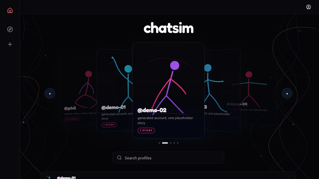 Chatsim landing page with a neon stick-figure profile carousel and profile search
