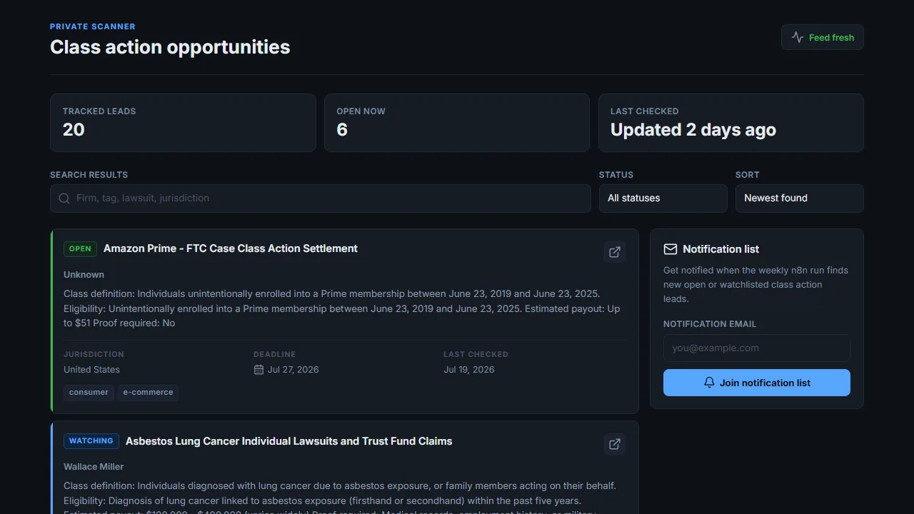 ClassAction Scanner public dashboard with open and watched class-action results