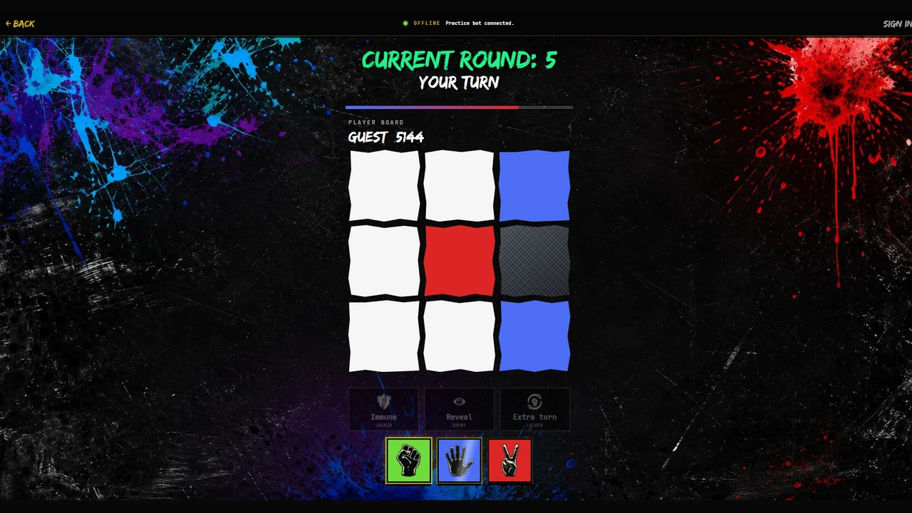 Hidden round-five practice match with red, blue, and concealed board tiles, power-ups, and rock paper scissors controls