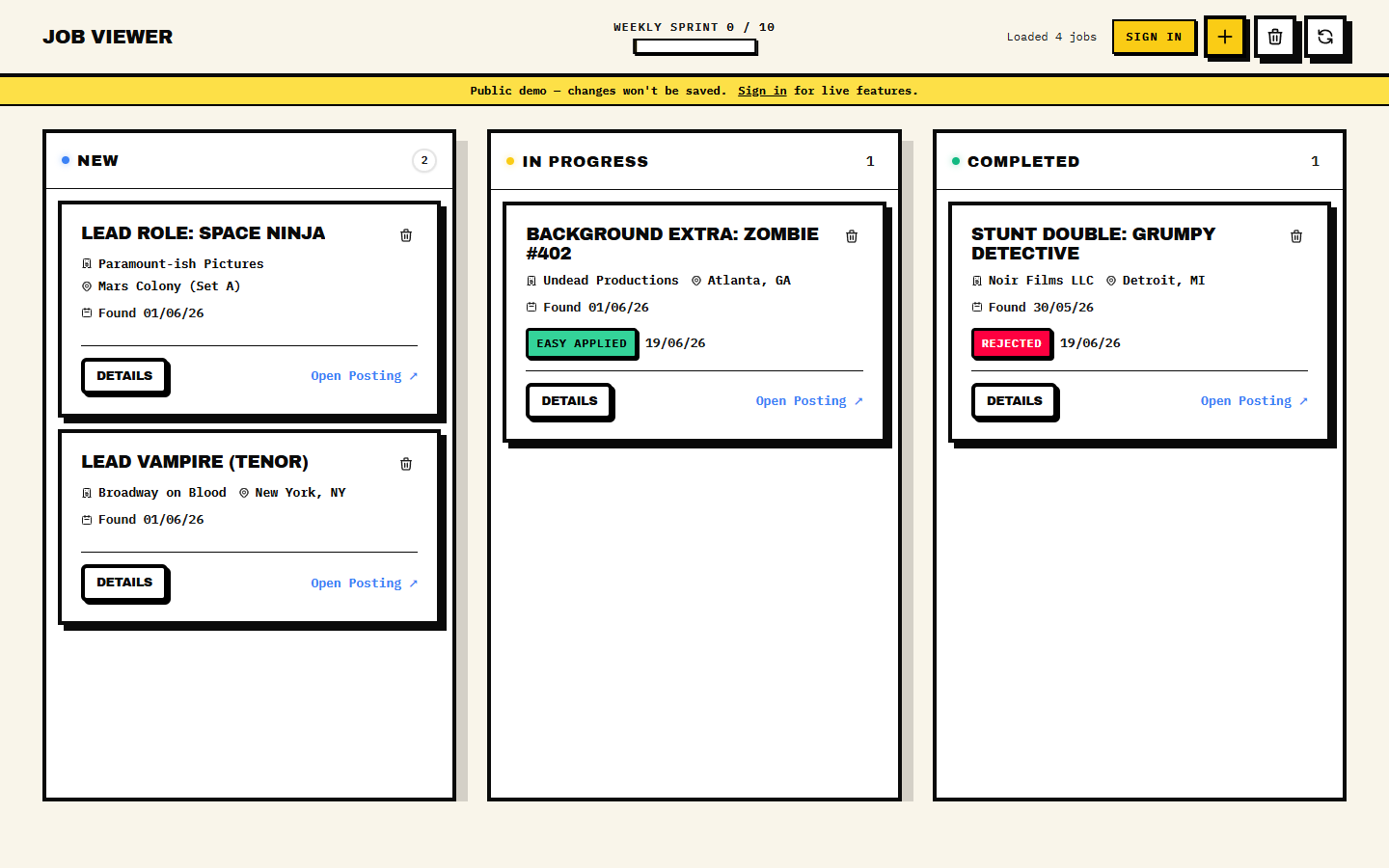 Job Viewer dashboard showing new, in-progress, and completed job columns