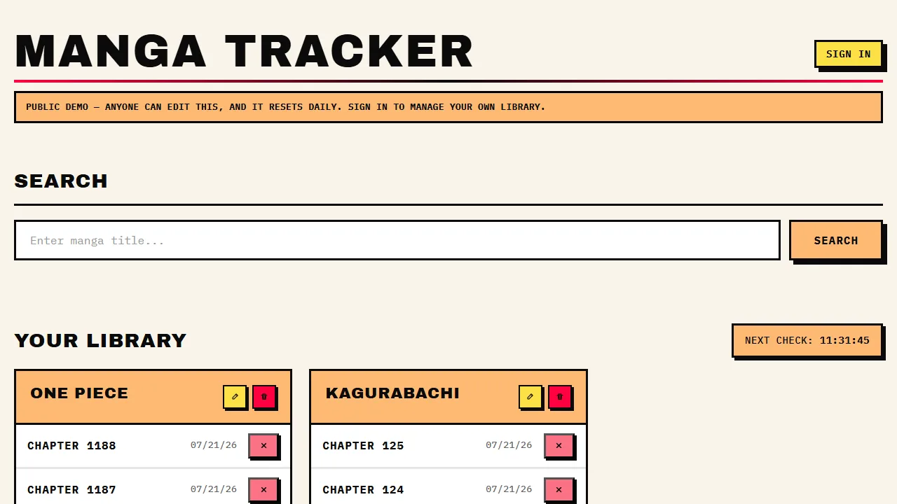 Manga Tracker library showing One Piece and Kagurabachi with reading progress
