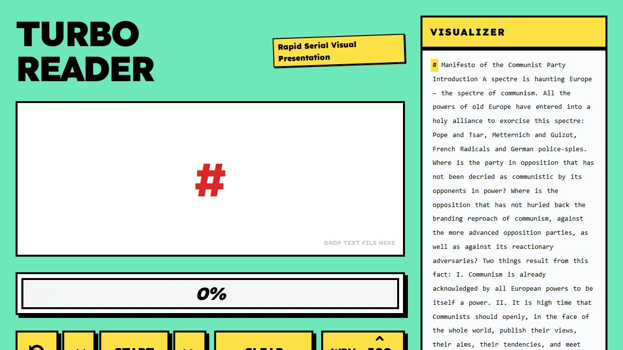 TurboReader interface with the RSVP visualizer, source text, progress, and speed controls