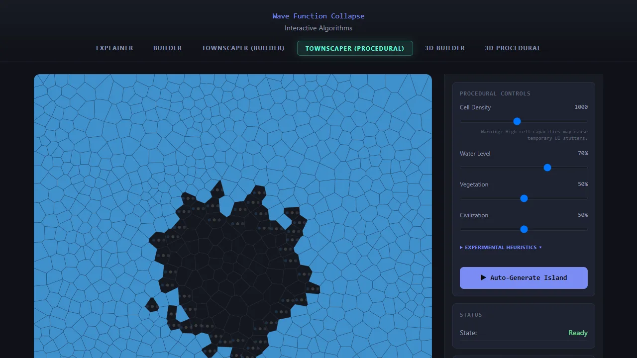 Wave Function Collapse Townscaper procedural view with a generated island and control panel